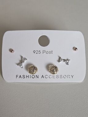 Stud Earring Set With 925 Silver Posts In Gold, Rose Gold, and Silver
